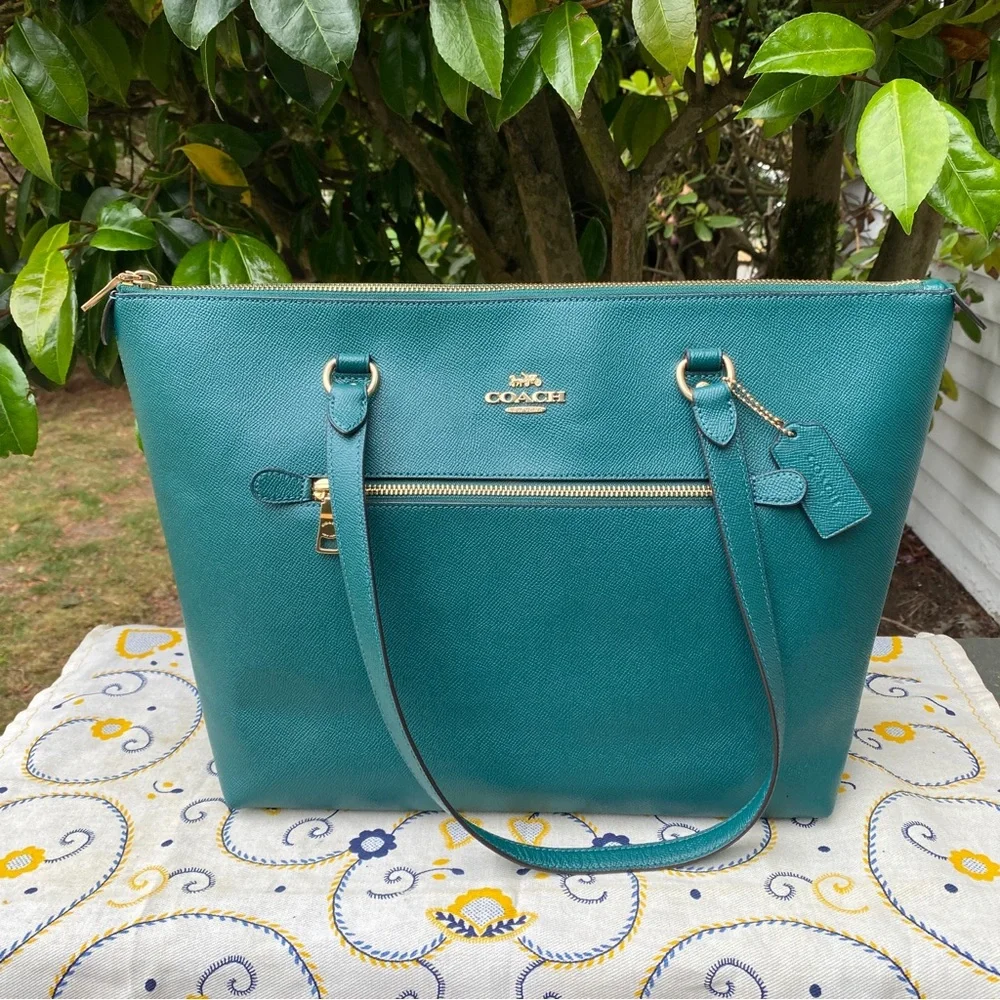 COACH Gallery City Teal Green Zip-Front Leather Tote w. Gold Hardware NEW- 79608